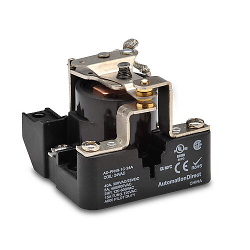 AD-PR40-1C-24A - AutomationDirect power relay, panel mount, open, 24 VAC coil voltage, SPDT, (1) N.O., (1) N.C., 40A contact rating, screw terminal(s).