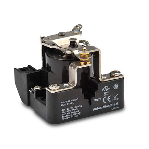 AD-PR40-1C-24D - AutomationDirect power relay, panel mount, open, 24 VDC coil voltage, SPDT, (1) N.O., (1) N.C., 40A contact rating, screw terminal(s).