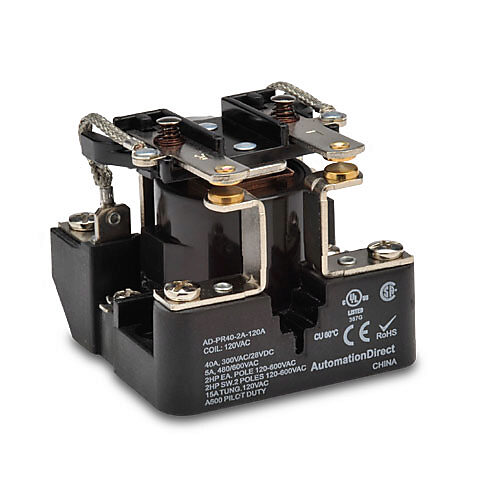 AD-PR40-2A-120A - AutomationDirect power relay, panel mount, open, 120 VAC coil voltage, DPST, (2) N.O., 40A contact rating, screw terminal(s).