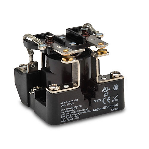 AD-PR40-2A-12D - AutomationDirect power relay, panel mount, open, 12 VDC coil voltage, DPST, (2) N.O., 40A contact rating, screw terminal(s).