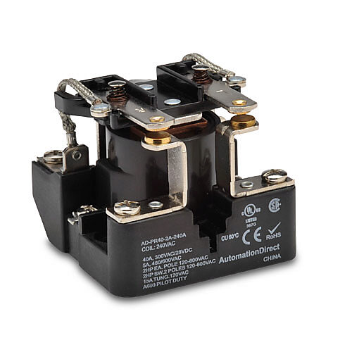 AD-PR40-2A-240A - AutomationDirect power relay, panel mount, open, 240 VAC coil voltage, DPST, (2) N.O., 40A contact rating, screw terminal(s).