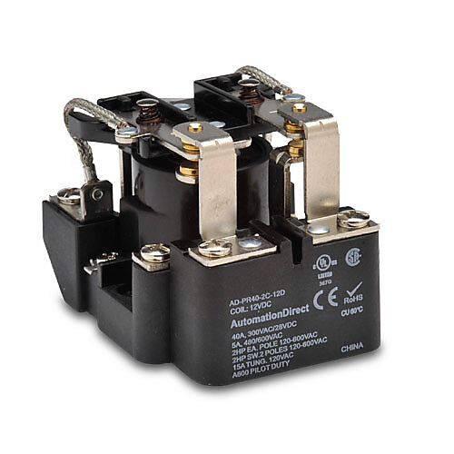 AD-PR40-2C-12D - AutomationDirect power relay, panel mount, open, 12 VDC coil voltage, DPDT, (2) N.O., (2) N.C., 40A contact rating, screw terminal(s).