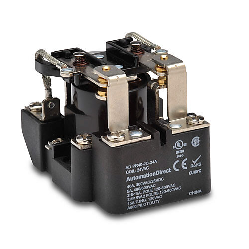 AD-PR40-2C-24A - AutomationDirect power relay, panel mount, open, 24 VAC coil voltage, DPDT, (2) N.O., (2) N.C., 40A contact rating, screw terminal(s).