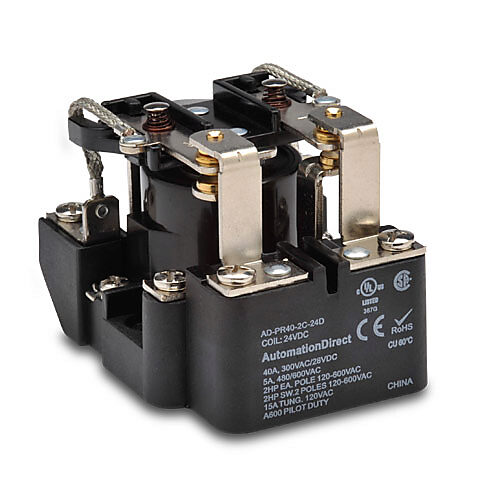 AD-PR40-2C-24D - AutomationDirect power relay, panel mount, open, 24 VDC coil voltage, DPDT, (2) N.O., (2) N.C., 40A contact rating, screw terminal(s).