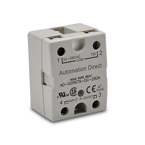 AD-SSR675-DC-280A - AutomationDirect solid state relay, panel mount, finger-safe hockey puck, 3-32 VDC input voltage, SPST, (1) N.O. SCR, 75A contact rating, 24-280 VAC load voltage, zero cross, screw terminal(s), LED indicator(s). Thermal mountin...