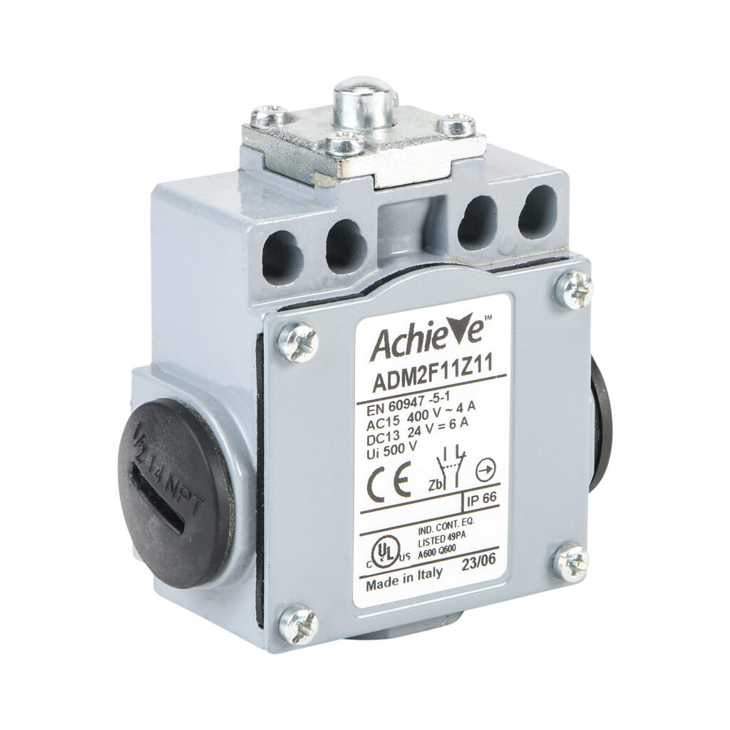 ADM2F11Z11 - AchieVe IEC limit switch, metal plunger, 90-degree adjustable head, (1) N.O./(1) N.C. contact(s), snap action, 20-22mm or 40-42mm hole spacing, zinc alloy, (3) 1/2in NPT entries.