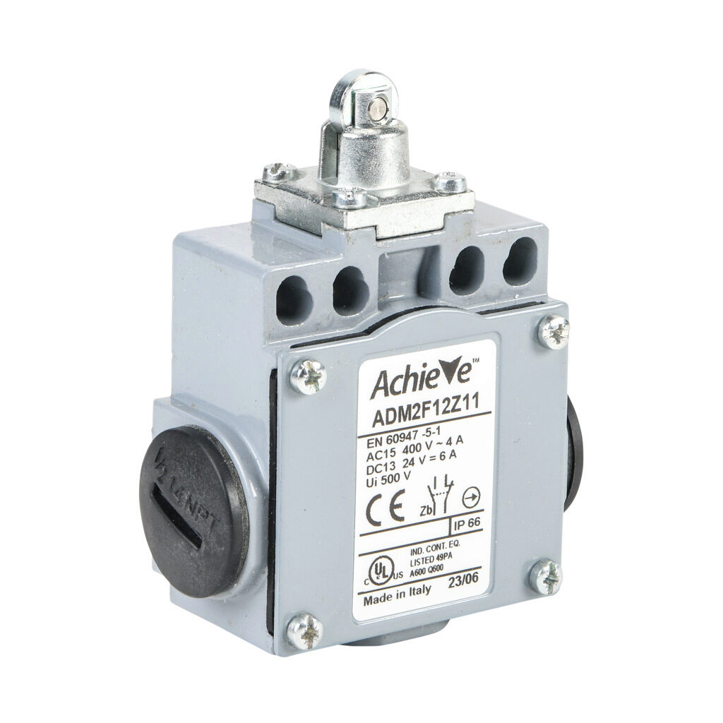 ADM2F12Z11 - AchieVe IEC limit switch, metal plunger with metal roller, 90-degree adjustable head, (1) N.O./(1) N.C. contact(s), snap action, 20-22mm or 40-42mm hole spacing, zinc alloy, (3) 1/2in NPT entries.