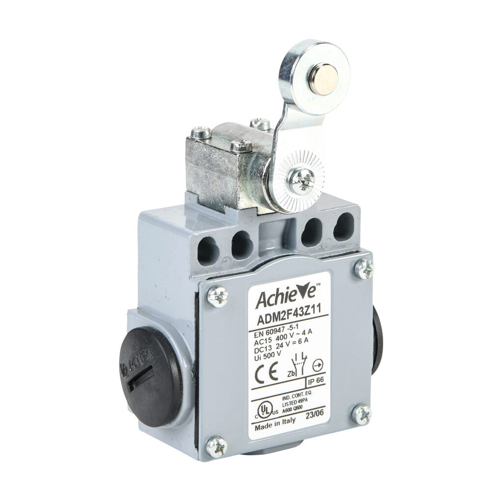 ADM2F43Z11 - AchieVe IEC limit switch, side rotary lever with 18mm metal roller, 90-degree adjustable head, (1) N.O./(1) N.C. contact(s), snap action, 20-22mm or 40-42mm hole spacing, zinc alloy, (3) 1/2in NPT entries.