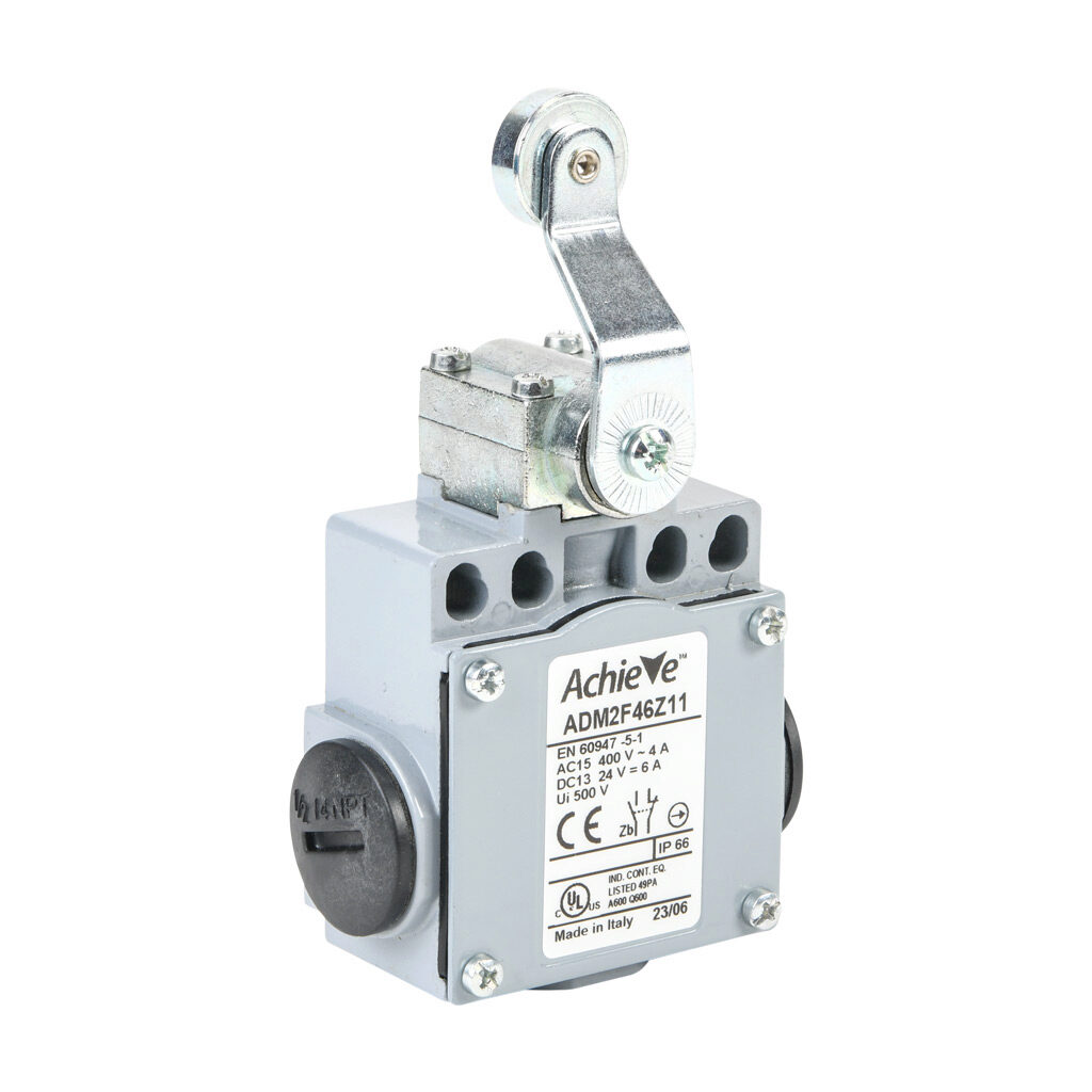 ADM2F46Z11 - AchieVe IEC limit switch, side rotary lever inward with 18mm metal roller, 90-degree adjustable head, (1) N.O./(1) N.C. contact(s), snap action, 20-22mm or 40-42mm hole spacing, zinc alloy, (3) 1/2in NPT entries.