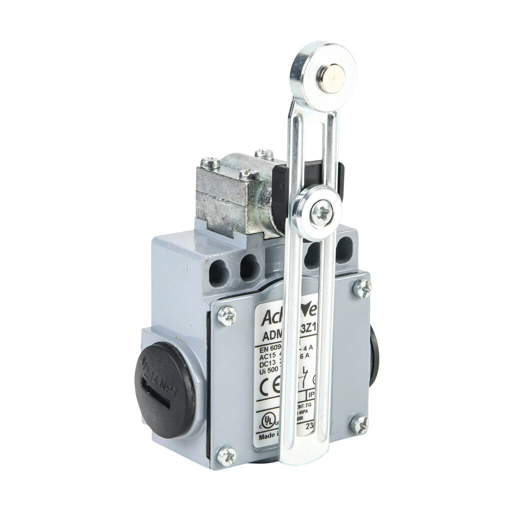 ADM2F53Z11 - AchieVe IEC limit switch, side rotary adjustable metal lever with 18mm metal roller, 90-degree adjustable head, (1) N.O./(1) N.C. contact(s), snap action, 20-22mm or 40-42mm hole spacing, zinc alloy, (3) 1/2in NPT entries.