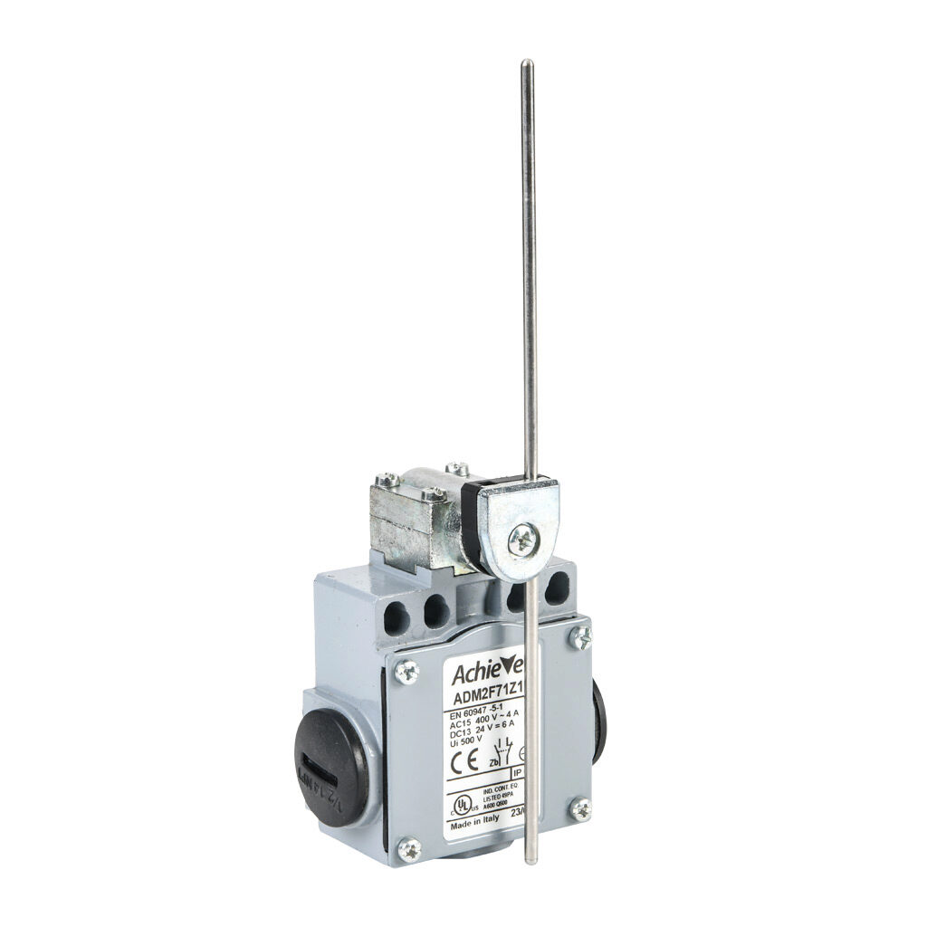 ADM2F71Z11 - AchieVe IEC limit switch, side rotary adjustable 3mm stainless steel rod, 90-degree adjustable head, (1) N.O./(1) N.C. contact(s), snap action, 20-22mm or 40-42mm hole spacing, zinc alloy, (3) 1/2in NPT entries.
