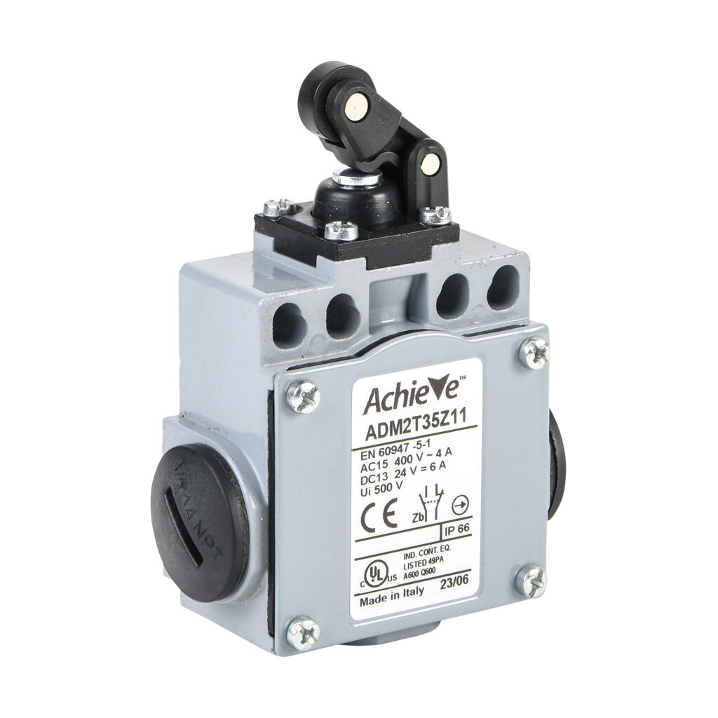 ADM2T35Z11 - AchieVe IEC limit switch, one-way horizontal lever with metal roller and dust cap, 90-degree adjustable head, (1) N.O./(1) N.C. contact(s), snap action, 20-22mm or 40-42mm hole spacing, zinc alloy, (3) 1/2in NPT entries.