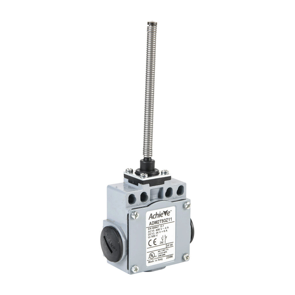 ADM2T93Z11 - AchieVe IEC limit switch, 360 degree stainless steel spring, 90-degree adjustable head, (1) N.O./(1) N.C. contact(s), snap action, 20-22mm or 40-42mm hole spacing, zinc alloy, (3) 1/2in NPT entries.