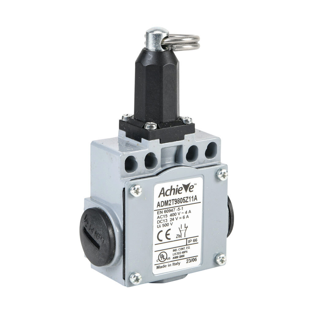 ADM2T9805Z11A - AchieVe IEC limit switch, pull action with ring, 90-degree adjustable head, (1) N.O./(1) N.C. contact(s), snap action, 20-22mm or 40-42mm hole spacing, zinc alloy, (3) 1/2in NPT entries.