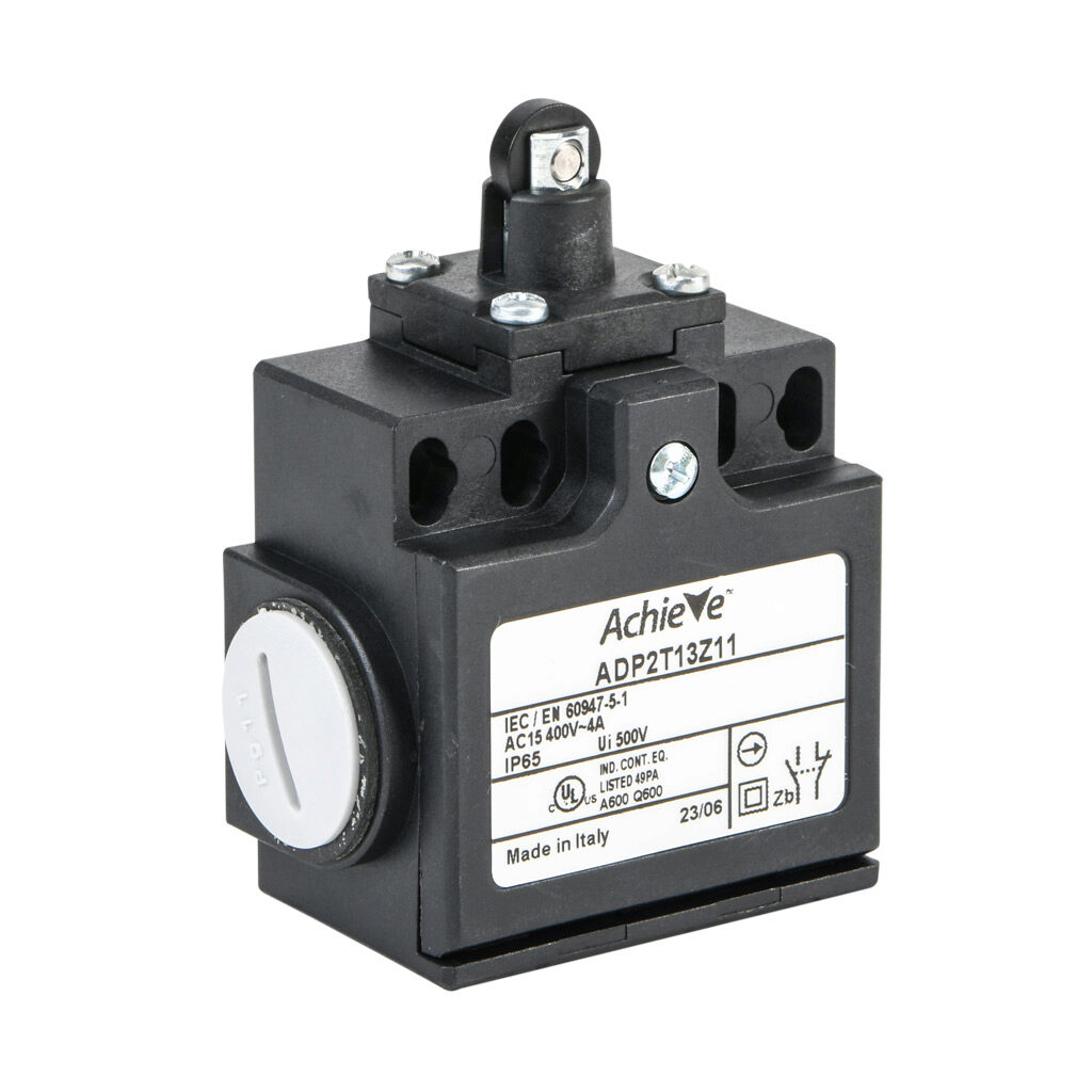 ADP2T13Z11 - AchieVe IEC limit switch, metal plunger with metal roller, 90-degree adjustable head, (1) N.O./(1) N.C. contact(s), snap action, 20-22mm or 40-42mm hole spacing, plastic, (2) PG11 cable entries with (1) 1/2in NPT adapter.