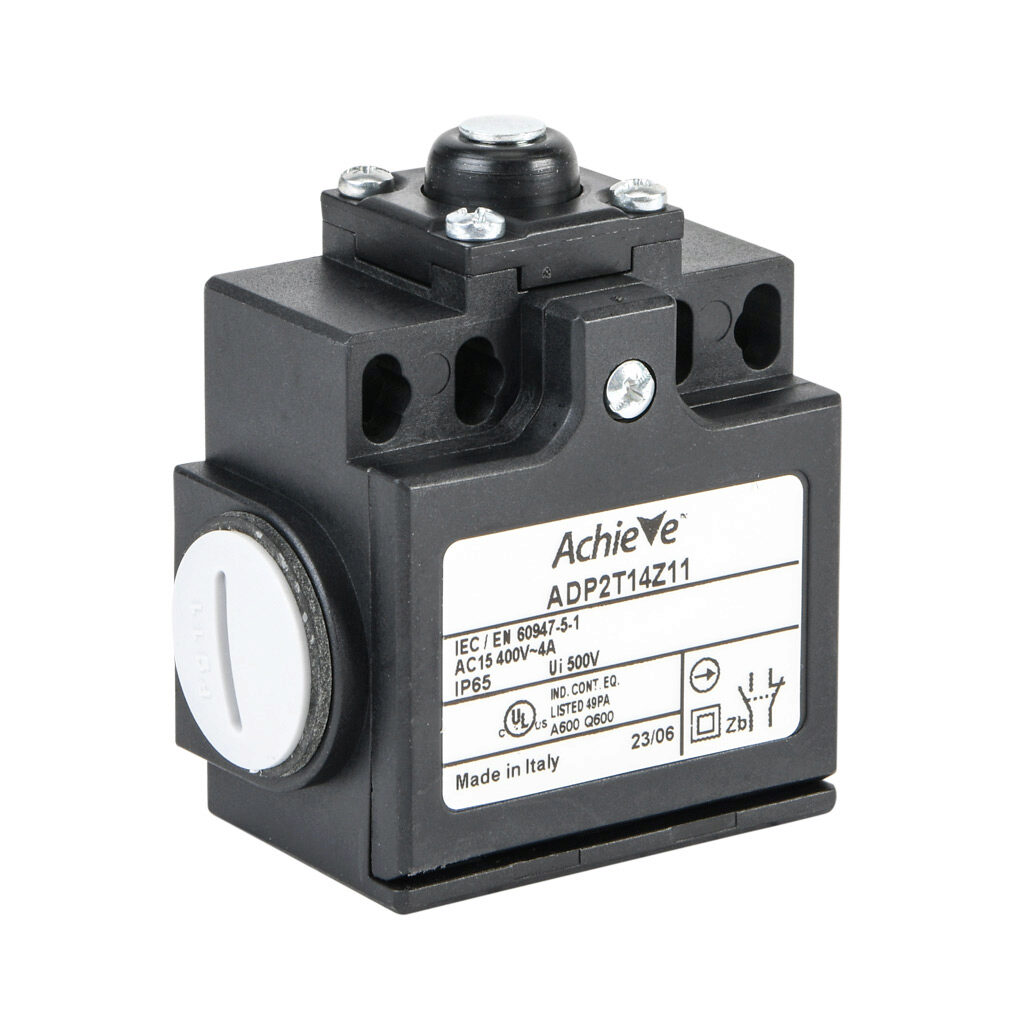 ADP2T14Z11 - AchieVe IEC limit switch, metal plunger with metal roller and dust cap, 90-degree adjustable head, (1) N.O./(1) N.C. contact(s), snap action, 20-22mm or 40-42mm hole spacing, plastic, (2) PG11 cable entries with (1) 1/2in NPT adapter.