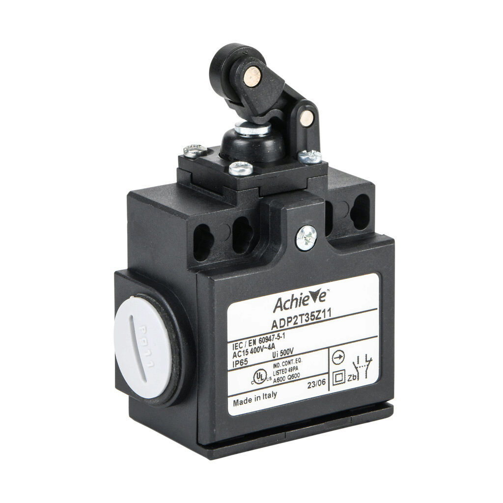 ADP2T35Z11 - AchieVe IEC limit switch, one-way horizontal lever with metal roller and dust cap, 90-degree adjustable head, (1) N.O./(1) N.C. contact(s), snap action, 20-22mm or 40-42mm hole spacing, plastic, (2) PG11 cable entries with (1) 1/2in N...