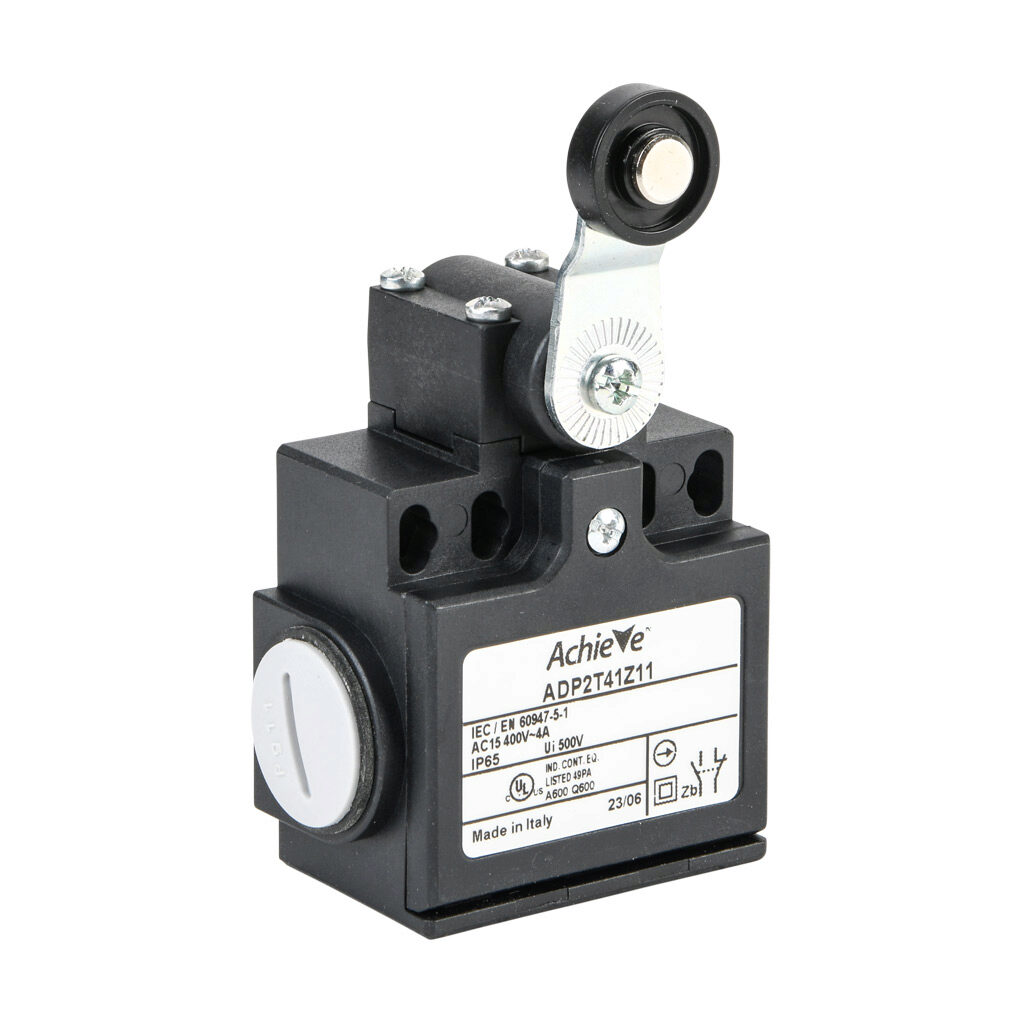 ADP2T41Z11 - AchieVe IEC limit switch, side rotary lever with 18mm nylon roller, 90-degree adjustable head, (1) N.O./(1) N.C. contact(s), snap action, 20-22mm or 40-42mm hole spacing, plastic, (2) PG11 cable entries with (1) 1/2in NPT adapter.