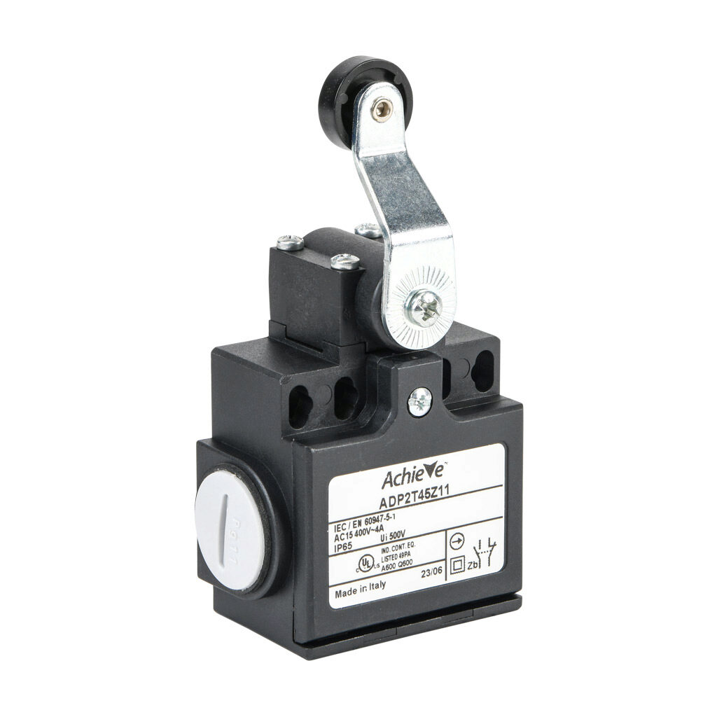 ADP2T45Z11 - AchieVe IEC limit switch, side rotary lever inward with 18mm nylon roller, 90-degree adjustable head, (1) N.O./(1) N.C. contact(s), snap action, 20-22mm or 40-42mm hole spacing, plastic, (2) PG11 cable entries with (1) 1/2in NPT adapter.