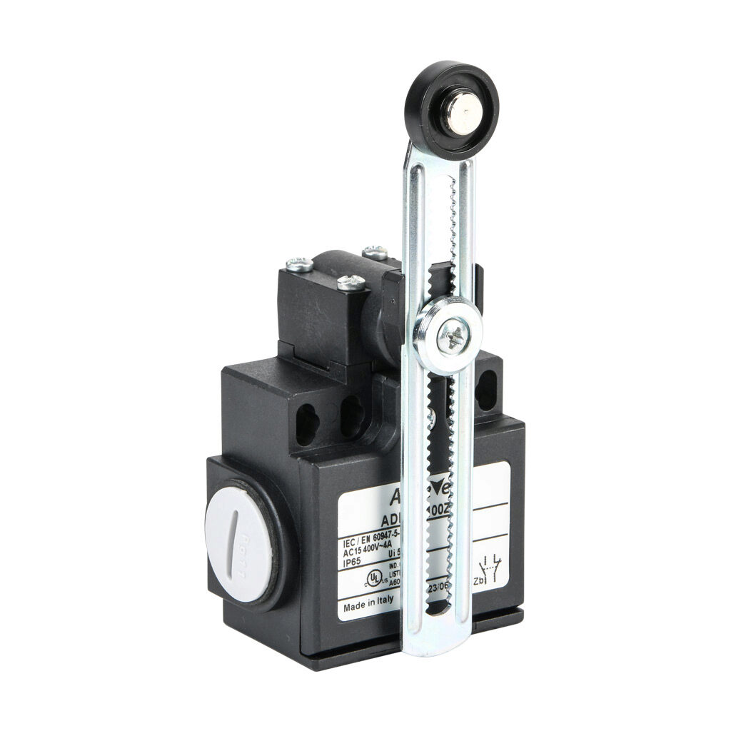 ADP2T5100Z11 - AchieVe IEC limit switch, side rotary 2mm step adjustable lever with 18mm nylon roller, 90-degree adjustable head, (1) N.O./(1) N.C. contact(s), snap action, 20-22mm or 40-42mm hole spacing, plastic, (2) PG11 cable entries with (1) ...