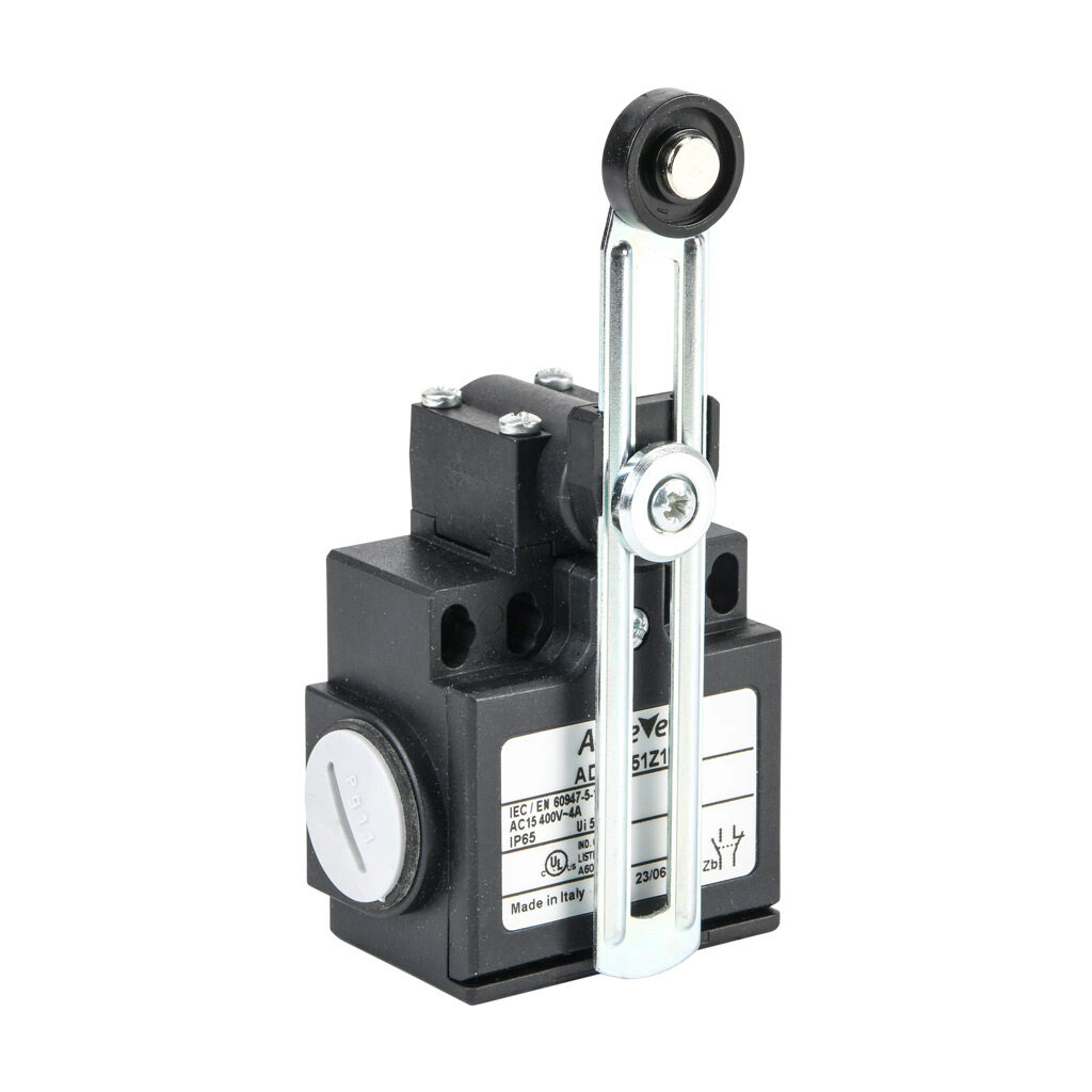 ADP2T51Z11 - AchieVe IEC limit switch, side rotary adjustable lever with 18mm nylon roller, 90-degree adjustable head, (1) N.O./(1) N.C. contact(s), snap action, 20-22mm or 40-42mm hole spacing, plastic, (2) PG11 cable entries with (1) 1/2in NPT a...