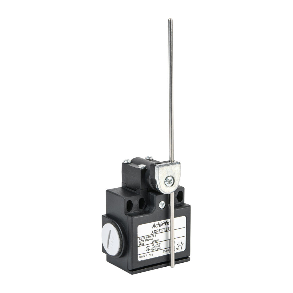 ADP2T71Z11 - AchieVe IEC limit switch, side rotary adjustable 3mm stainless steel rod, 90-degree adjustable head, (1) N.O./(1) N.C. contact(s), snap action, 20-22mm or 40-42mm hole spacing, plastic, (2) PG11 cable entries with (1) 1/2in NPT adapter.