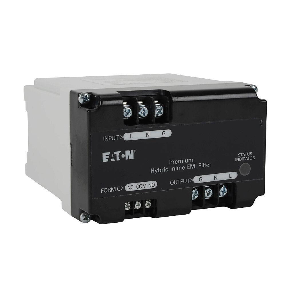 ADPH12015 - Eaton Aegis series powerline filter, 120 VAC, 1-phase, 15A, 35mm DIN rail mount, EMI/RFI filtering, LED indication, UL Type 2, SPDT alarm, screw terminals, 5kA SCCR.