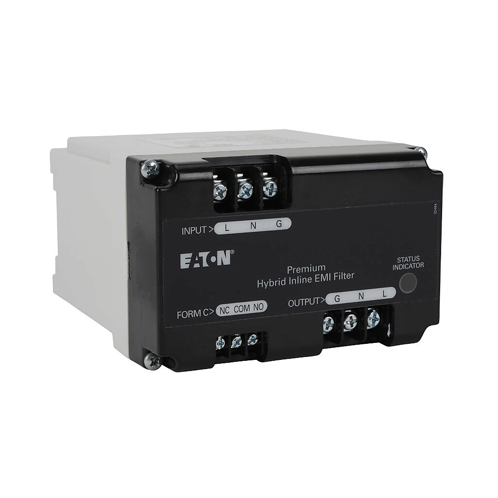 ADPH24010 - Eaton Aegis series powerline filter, 240 VAC, 1-phase, 10A, 35mm DIN rail mount, EMI/RFI filtering, LED indication, UL Type 2, SPDT alarm, screw terminals, 5kA SCCR.