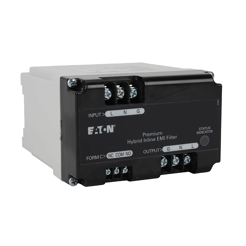 ADPH24015 - Eaton Aegis series powerline filter, 240 VAC, 1-phase, 15A, 35mm DIN rail mount, EMI/RFI filtering, LED indication, UL Type 2, SPDT alarm, screw terminals, 5kA SCCR.