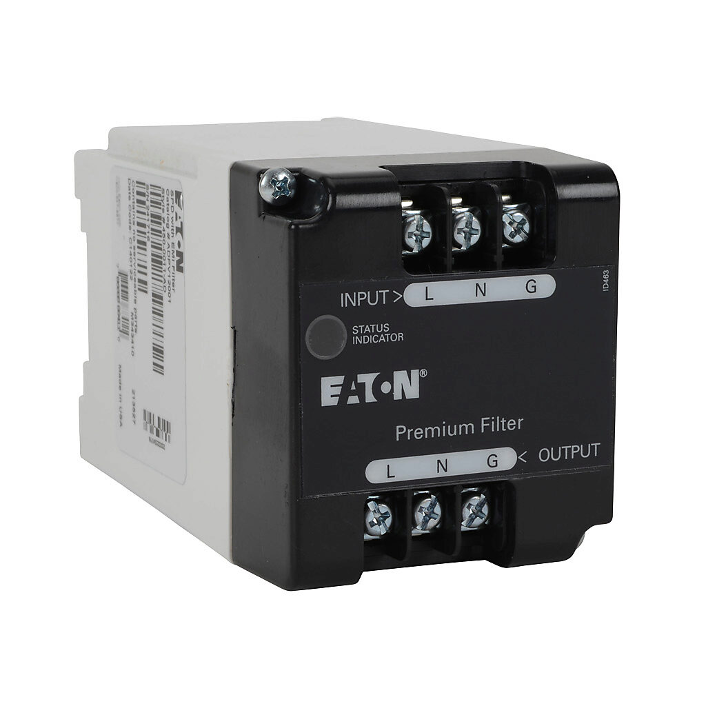 ADPV12001 - Eaton Aegis series powerline filter, 120 VAC, 1-phase, 1A, 35mm DIN rail mount, EMI/RFI filtering, LED indication, UL Type 2, screw terminals, 5kA SCCR.