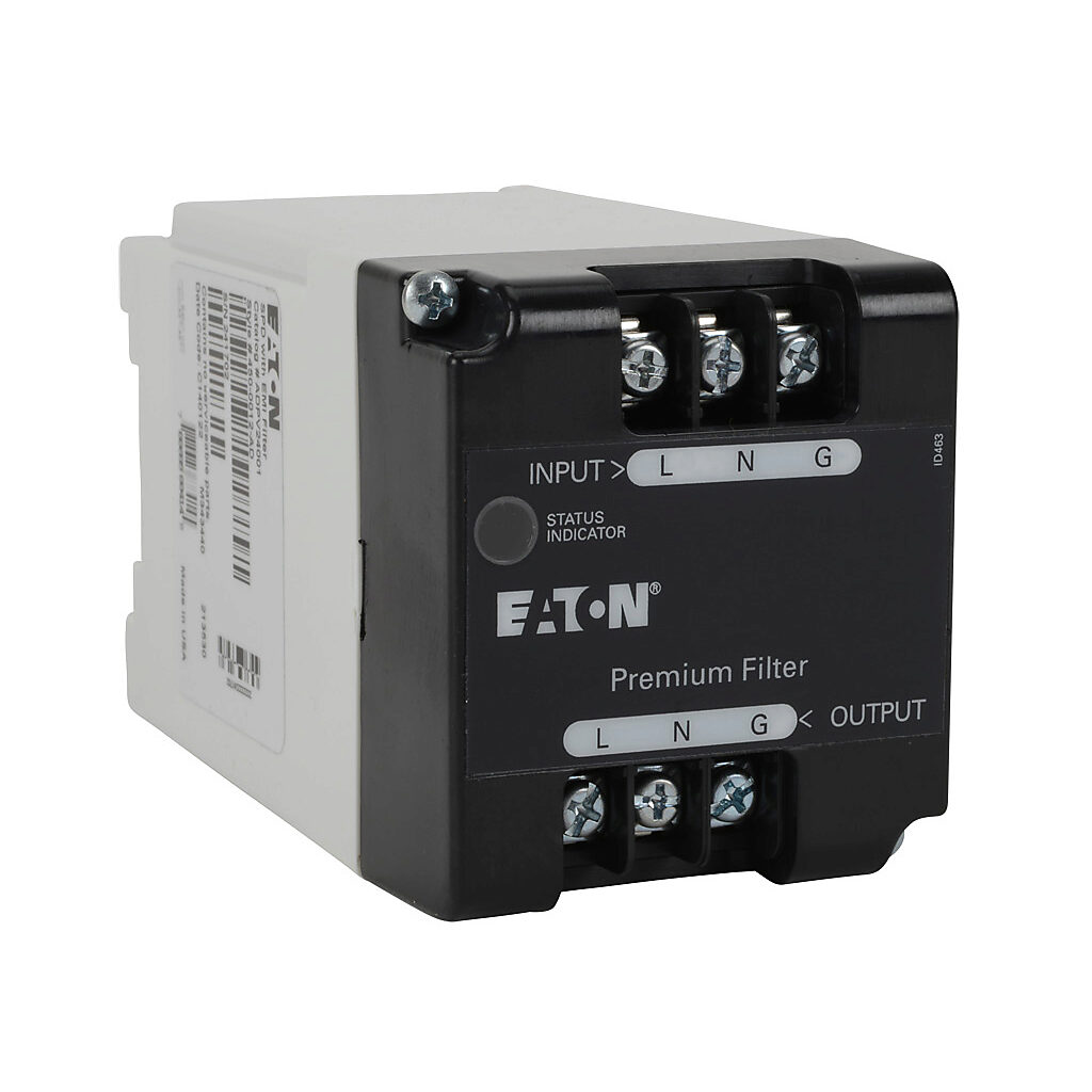 ADPV24001 - Eaton Aegis series powerline filter, 240 VAC, 1-phase, 1A, 35mm DIN rail mount, EMI/RFI filtering, LED indication, UL Type 2, screw terminals, 5kA SCCR.