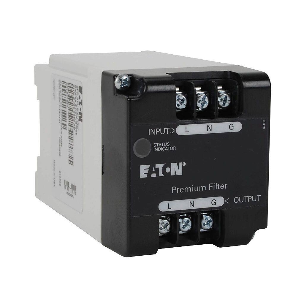 ADPV24005 - Eaton Aegis series powerline filter, 240 VAC, 1-phase, 5A, 35mm DIN rail mount, EMI/RFI filtering, LED indication, UL Type 2, screw terminals, 5kA SCCR.