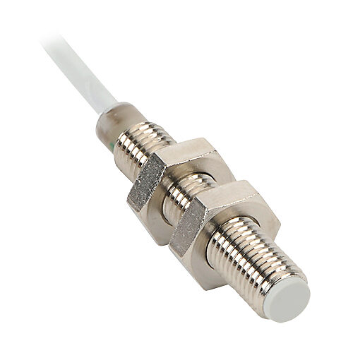 AE1-AN-1A - Micro Detectors inductive proximity sensor, tubular, 8mm diameter x 45mm body, nickel-plated brass housing, NPN, N.O. output, 1.5mm sensing distance, flush, 3 kHz switching frequency, IP67, pigtail.