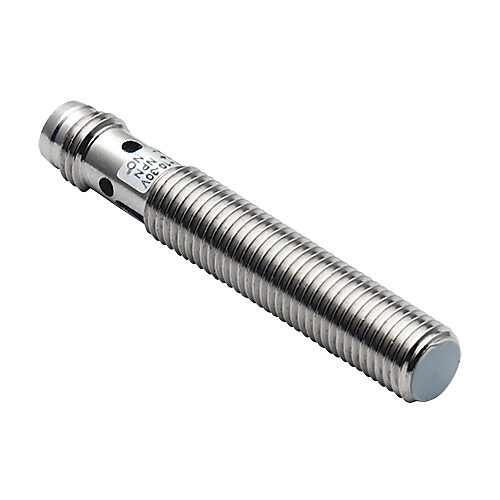 AE1-AN-1F - Micro Detectors inductive proximity sensor, tubular, 8mm diameter x 50mm body, nickel-plated brass housing, NPN, N.O. output, 1.5mm sensing distance, flush, 3 kHz switching frequency, IP67, 3-pin M8 quick-disconnect.