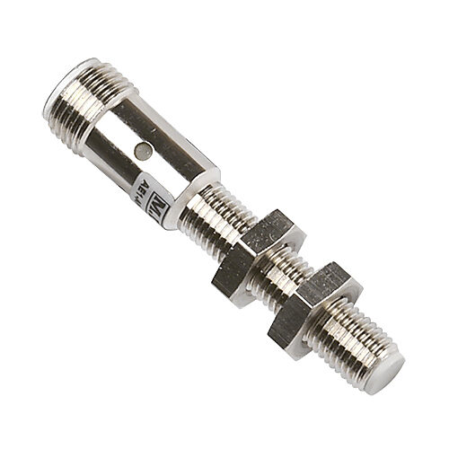 AE1-AN-1H - Micro Detectors inductive proximity sensor, tubular, 8mm diameter x 60mm body, nickel-plated brass housing, NPN, N.O. output, 1.5mm sensing distance, flush, 3 kHz switching frequency, IP67, 4-pin M12 quick-disconnect.