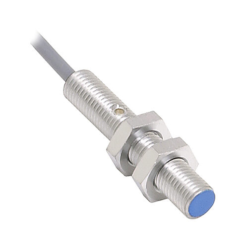 AE1-AN-5A - AutomationDirect inductive proximity sensor, tubular, 8mm diameter x 45mm body, chrome-plated brass housing, NPN, N.O. output, 3mm sensing distance, semi-flush, 1 kHz switching frequency, IP67, pigtail.
