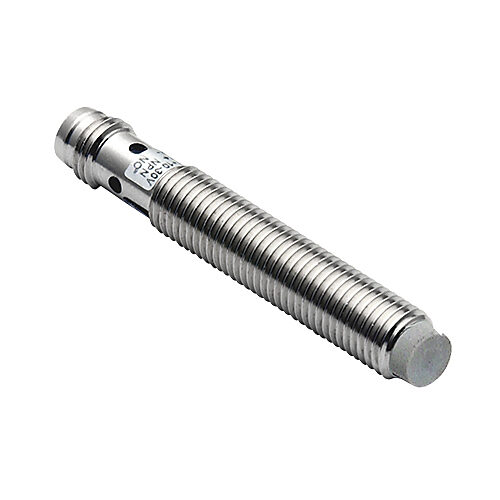 AE1-AP-2F - Micro Detectors inductive proximity sensor, tubular, 8mm diameter x 50mm body, nickel-plated brass housing, PNP, N.O. output, 2.5mm sensing distance, non-flush, 2.5 kHz switching frequency, IP67, 3-pin M8 quick-disconnect.