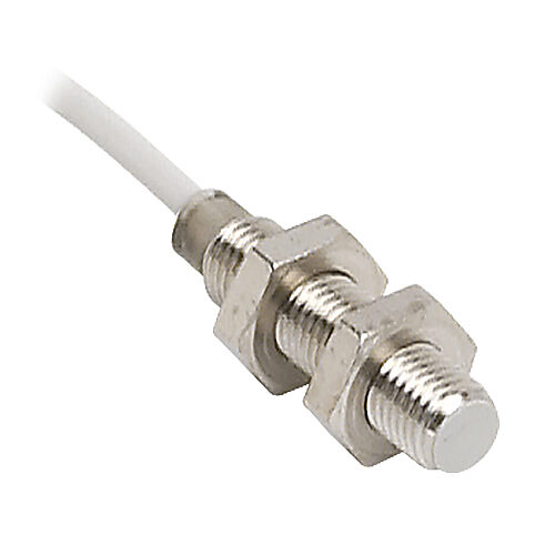 AE6-AN-3A - Micro Detectors inductive proximity sensor, tubular, 8mm diameter x 35.5mm body, nickel-plated brass housing, NPN, N.O. output, 2mm sensing distance, flush, 3 kHz switching frequency, IP67, pigtail.