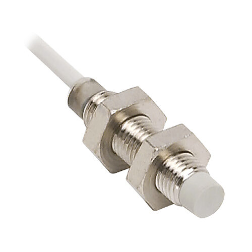AE6-AN-4A - Micro Detectors inductive proximity sensor, tubular, 8mm diameter x 35.5mm body, nickel-plated brass housing, NPN, N.O. output, 4mm sensing distance, non-flush, 3 kHz switching frequency, IP67, pigtail.