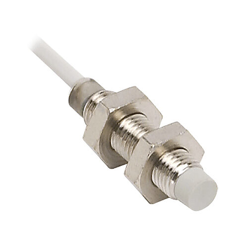 AE6-AP-4A - Micro Detectors inductive proximity sensor, tubular, 8mm diameter x 35.5mm body, nickel-plated brass housing, PNP, N.O. output, 4mm sensing distance, non-flush, 3 kHz switching frequency, IP67, pigtail.