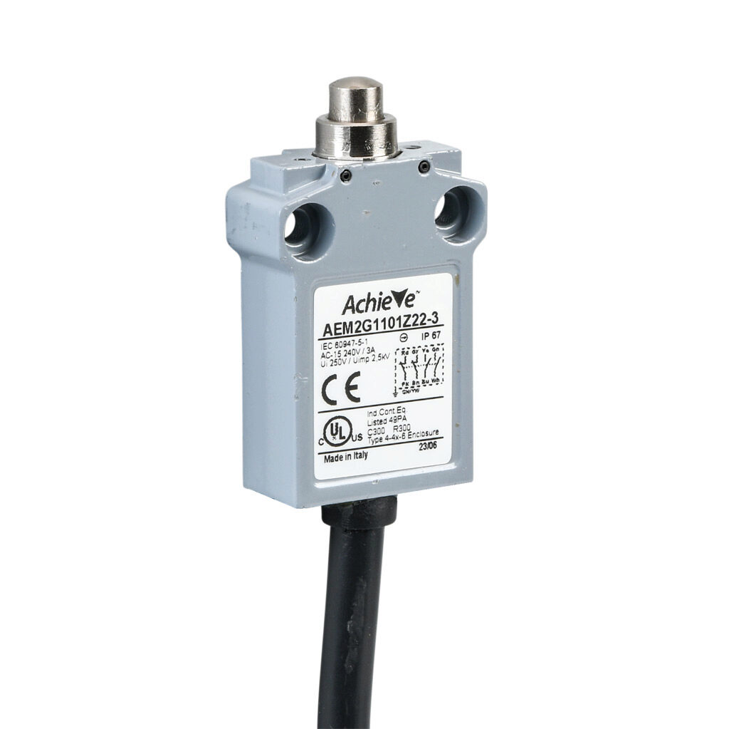 AEM2G1101Z22-3 - AchieVe compact limit switch, metal plunger, (2) N.O./(2) N.C. contact(s), snap action, 25mm hole spacing, zinc alloy, pigtail, 9.8ft/3m cable length, bottom exit.