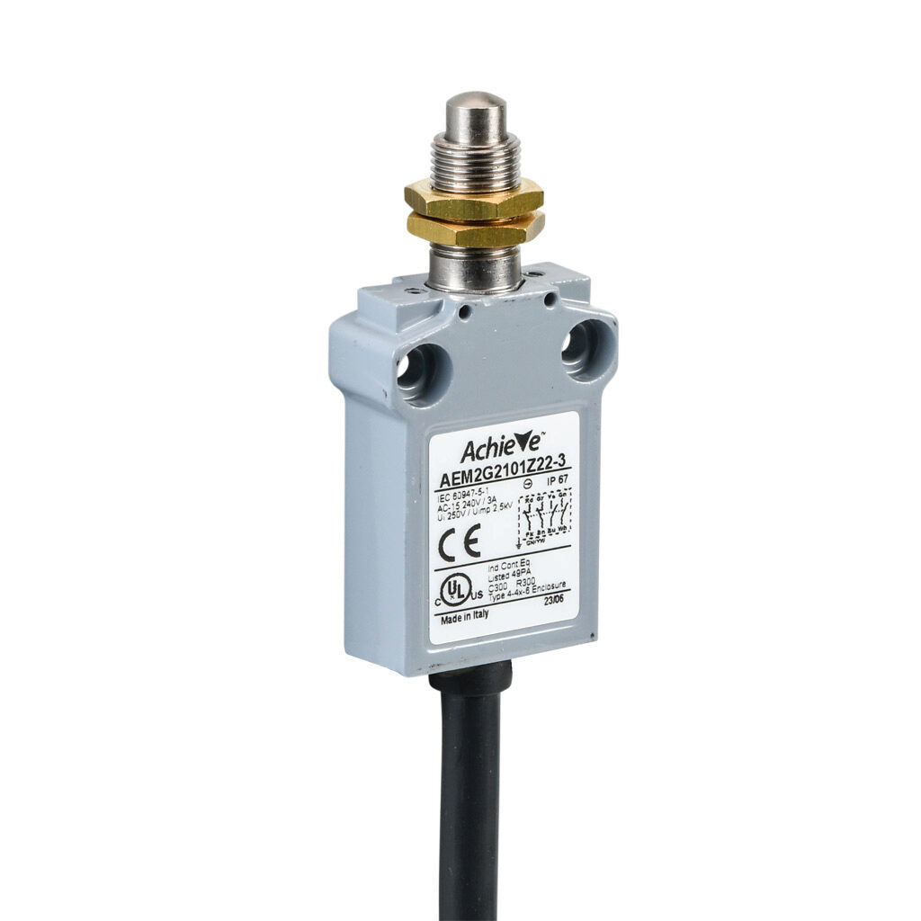 AEM2G2101Z22-3 - AchieVe compact limit switch, metal plunger with fixing nuts, (2) N.O./(2) N.C. contact(s), snap action, 25mm hole spacing, zinc alloy, pigtail, 9.8ft/3m cable length, bottom exit.