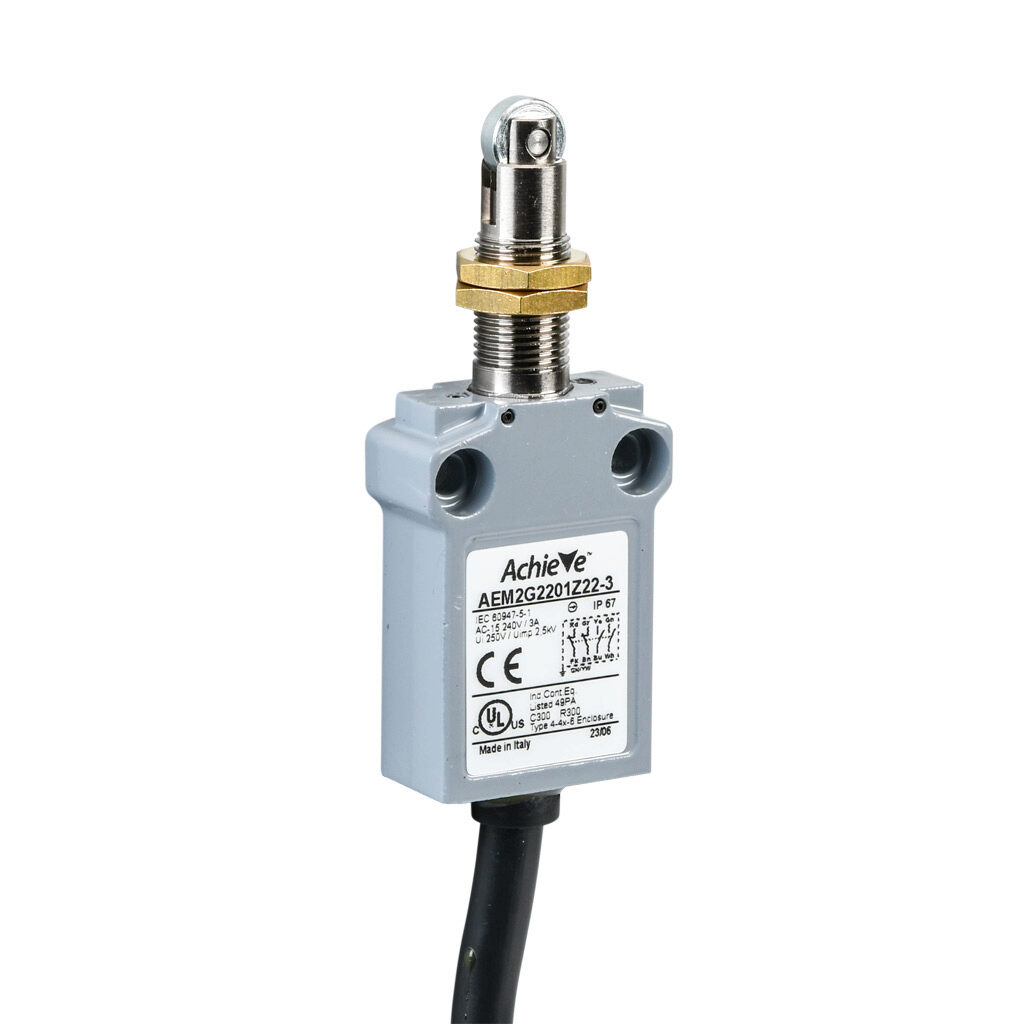 AEM2G2201Z22-3 - AchieVe compact limit switch, metal plunger with metal roller and fixing nuts, (2) N.O./(2) N.C. contact(s), snap action, 25mm hole spacing, zinc alloy, pigtail, 9.8ft/3m cable length, bottom exit.