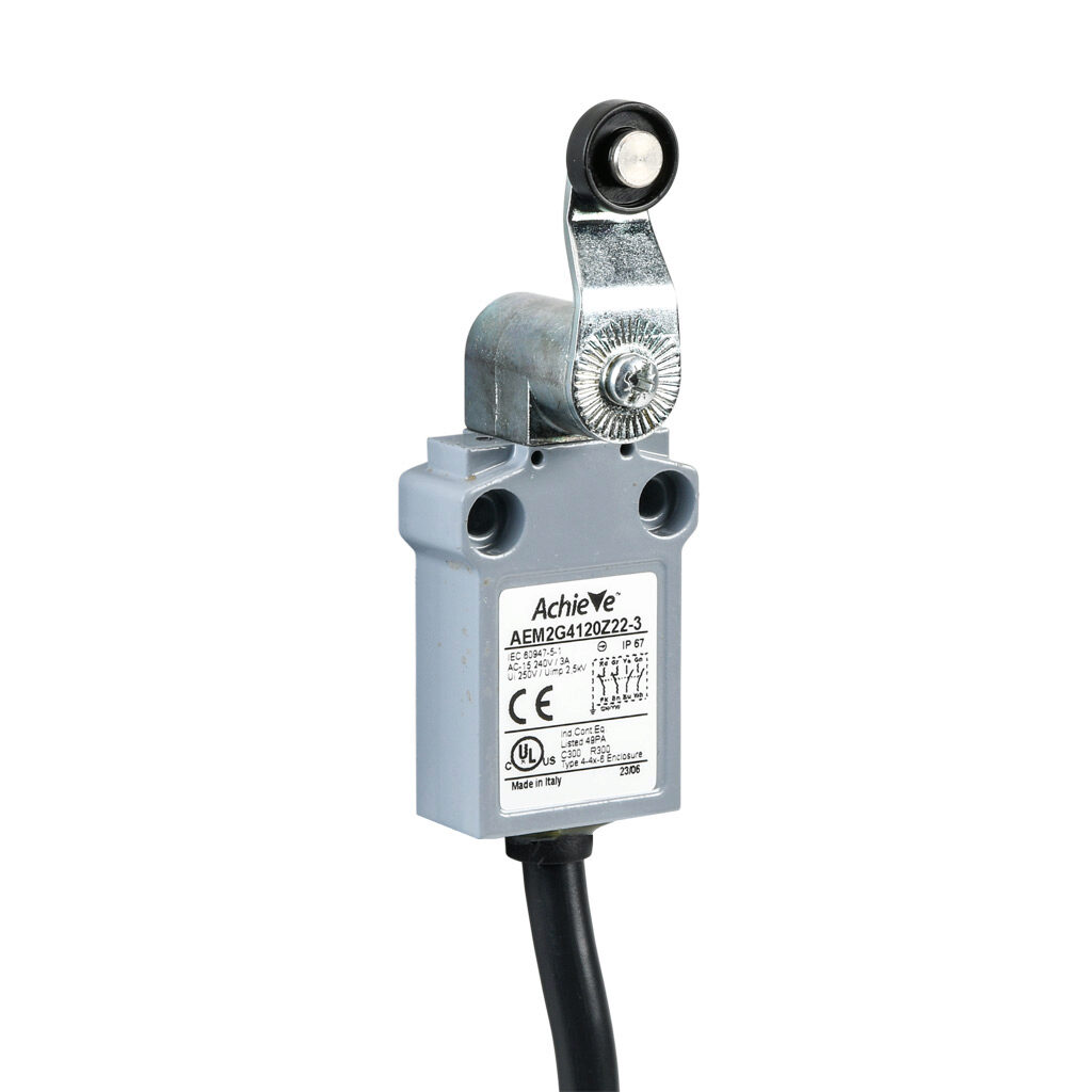 AEM2G4120Z22-3 - AchieVe compact limit switch, side rotary lever with 14mm nylon roller, (2) N.O./(2) N.C. contact(s), snap action, 25mm hole spacing, zinc alloy, pigtail, 9.8ft/3m cable length, bottom exit.