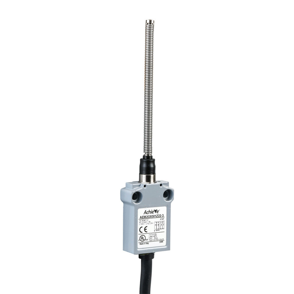 AEM2G9301Z22-3 - AchieVe compact limit switch, 360 degree stainless steel spring, (2) N.O./(2) N.C. contact(s), snap action, 25mm hole spacing, zinc alloy, pigtail, 9.8ft/3m cable length, bottom exit.