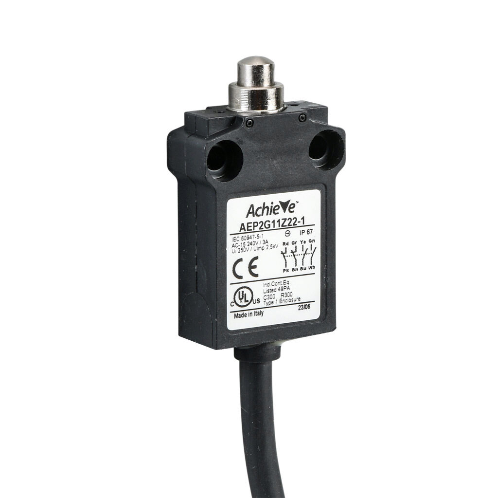 AEP2G11Z22-1 - AchieVe compact limit switch, metal plunger, (2) N.O./(2) N.C. contact(s), snap action, 25mm hole spacing, plastic, pigtail, 3.2ft/1m cable length, bottom exit.