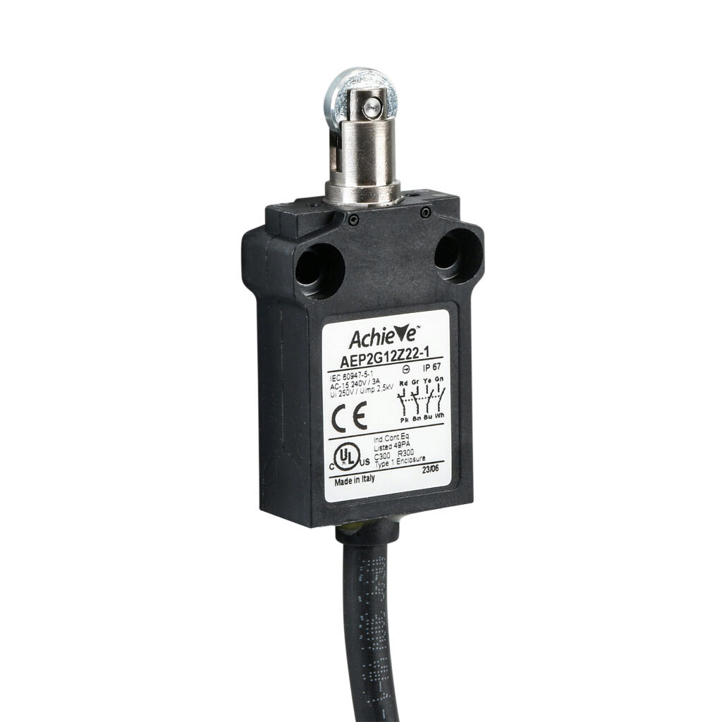 AEP2G12Z22-1 - AchieVe compact limit switch, metal plunger with metal roller, (2) N.O./(2) N.C. contact(s), snap action, 25mm hole spacing, plastic, pigtail, 3.2ft/1m cable length, bottom exit.
