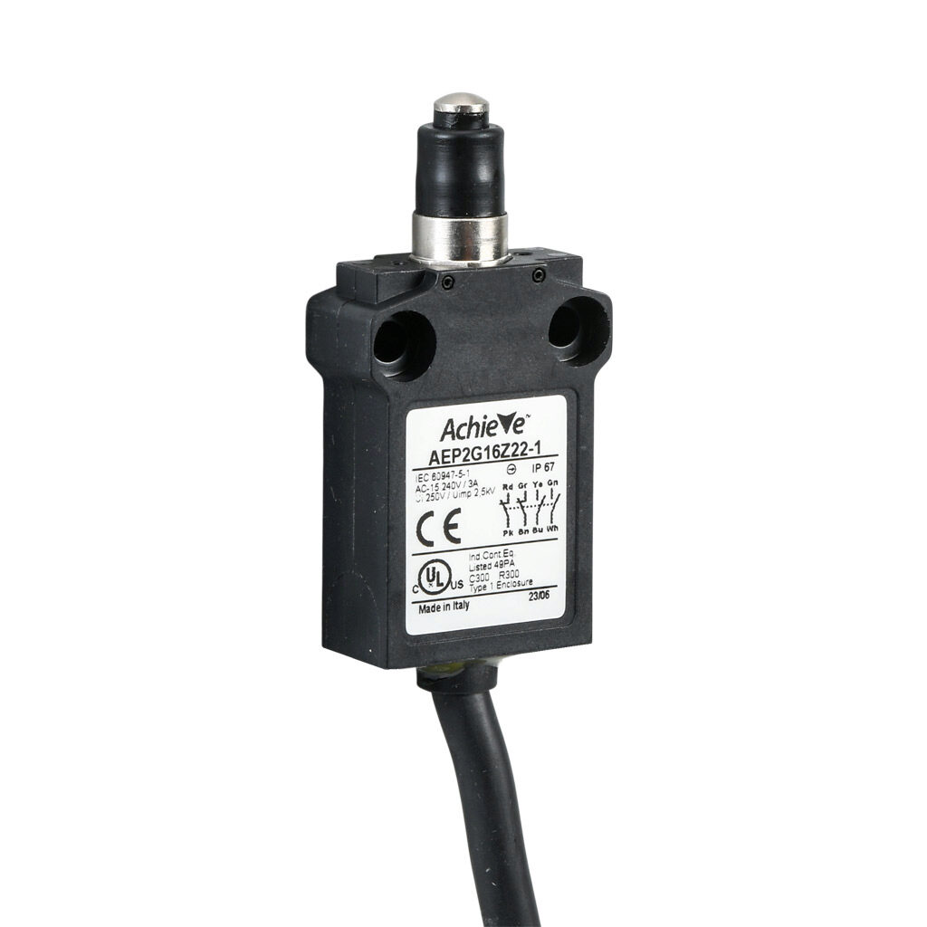 AEP2G16Z22-1 - AchieVe compact limit switch, metal plunger with dust cap, (2) N.O./(2) N.C. contact(s), snap action, 25mm hole spacing, plastic, pigtail, 3.2ft/1m cable length, bottom exit.