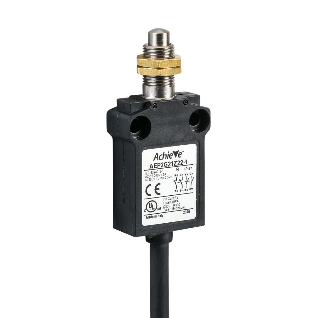 AEP2G21Z22-1 - AchieVe compact limit switch, metal plunger with fixing nuts, (2) N.O./(2) N.C. contact(s), snap action, 25mm hole spacing, plastic, pigtail, 3.2ft/1m cable length, bottom exit.