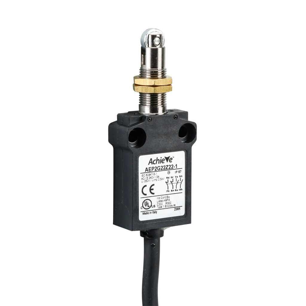 AEP2G22Z22-1 - AchieVe compact limit switch, metal plunger with metal roller and fixing nuts, (2) N.O./(2) N.C. contact(s), snap action, 25mm hole spacing, plastic, pigtail, 3.2ft/1m cable length, bottom exit.